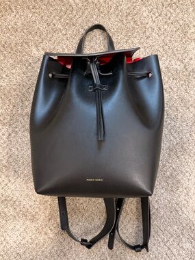 Mansur Gavriel Black Leather Drawstring Backpack with Red Lining